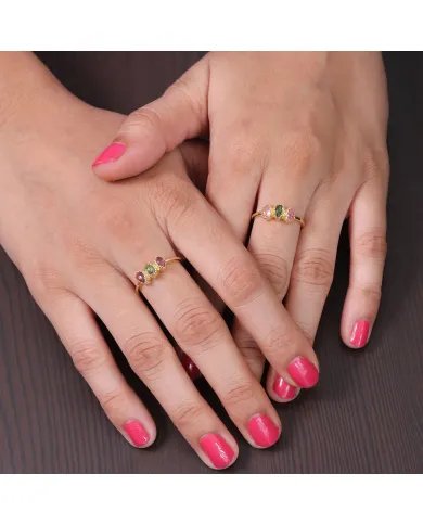 Natural Pink & Green Tourmaline Ring - Sterling Silver Gold Plated Handmade Ring Minimalist Dainty Jewelry