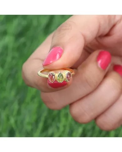 Natural Pink & Green Tourmaline Ring - Sterling Silver Gold Plated Handmade Ring Minimalist Dainty Jewelry