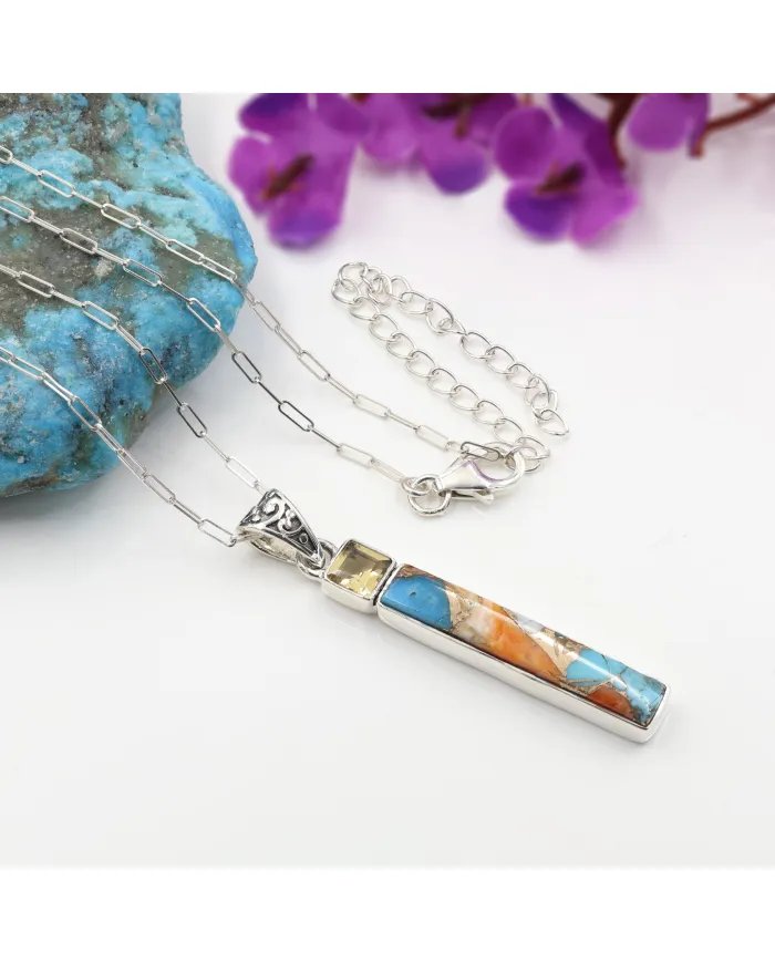 Orange Spiny Turquoise and Citrine Pendant - Sterling Silver Pendant Handmade Jewelry