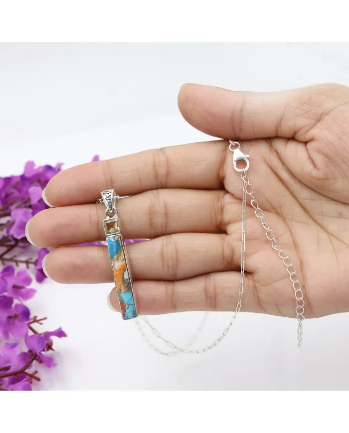 Orange Spiny Turquoise and Citrine Pendant - Sterling Silver Pendant Handmade Jewelry