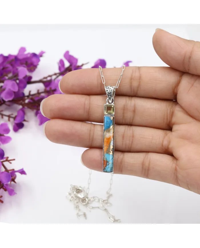 Orange Spiny Turquoise and Citrine Pendant - Sterling Silver Pendant Handmade Jewelry