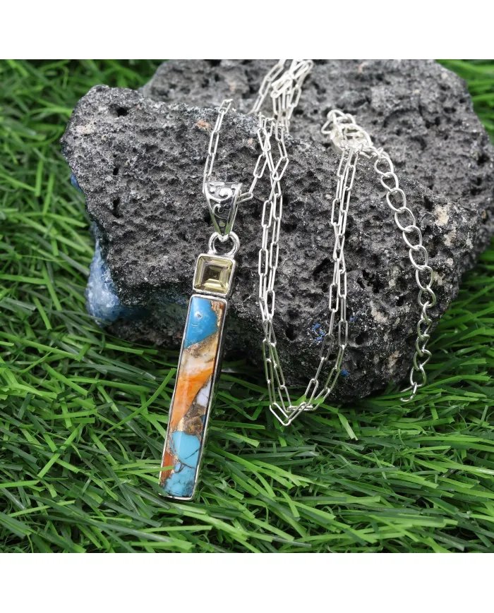Orange Spiny Turquoise and Citrine Pendant - Sterling Silver Pendant Handmade Jewelry