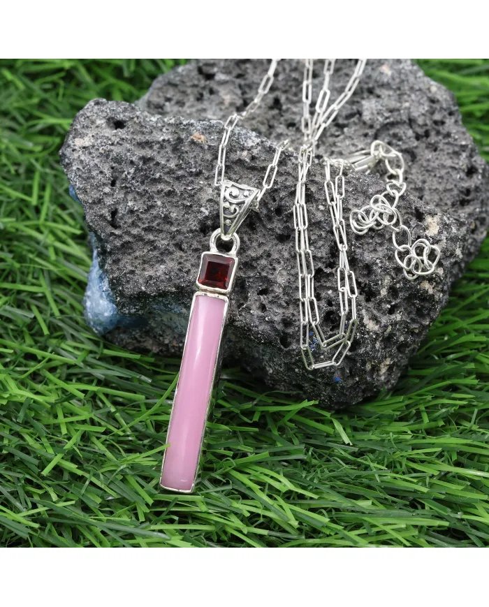 Pink Opal and Garnet Pendant - Sterling Silver Pendant Handmade Jewelry