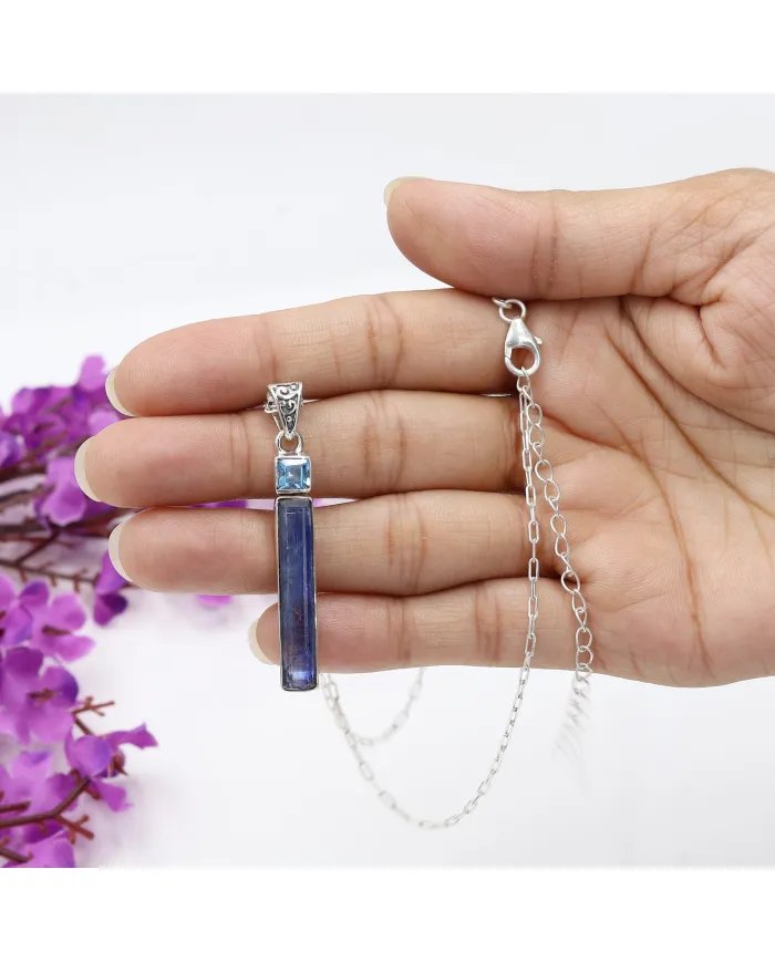 Kyanite Pendant - 925 Sterling Silver Swiss Blue Topaz Gemstone Jewelry