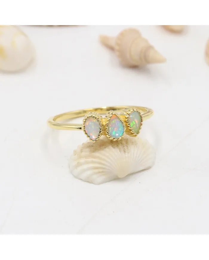 Natural Ethiopian Opal Ring - Sterling Silver Gold Plated Minimalist Handmade Dainty Ring for Women