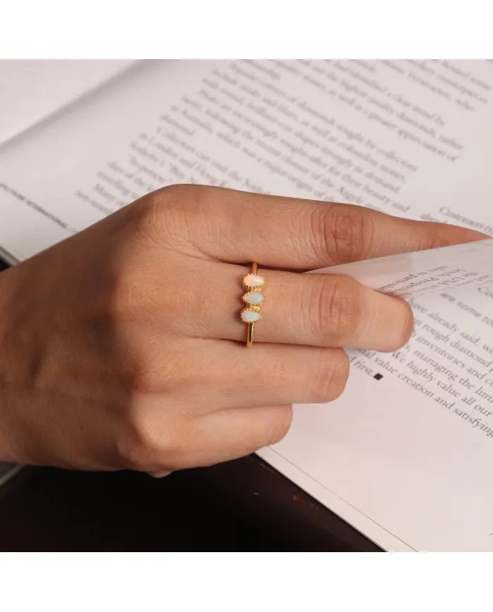 Natural Ethiopian Opal Ring - Sterling Silver Gold Plated Minimalist Handmade Dainty Ring for Women