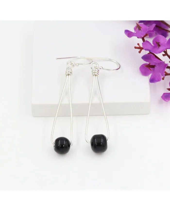 Natural Black Onyx Dangle Earrings - Sterling Silver Handmade Jewelry for Women