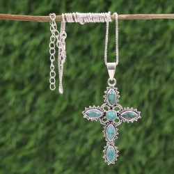 Holy Cross Pendant, Tibetan Turquoise Pendant, Sterling Silver Necklace, Vintage Pendant, Religious Pendant, Best Christmas Gift