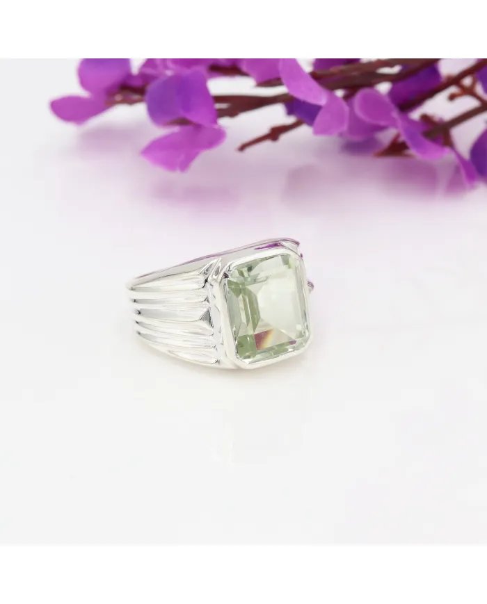 Green Amethyst Statement Ring - Sterling Silver Handmade Unisex Ring