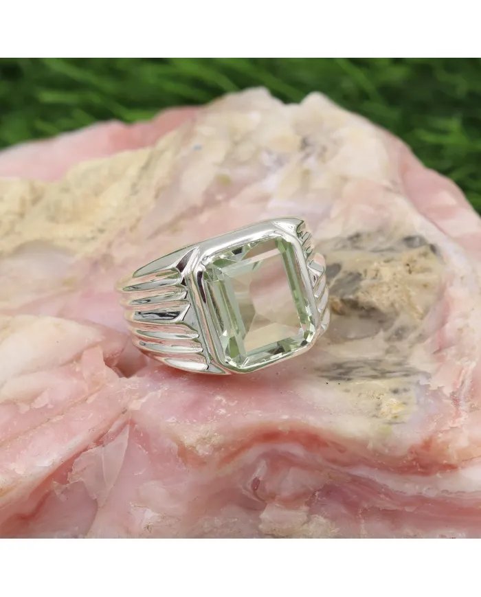 Green Amethyst Statement Ring - Sterling Silver Handmade Unisex Ring