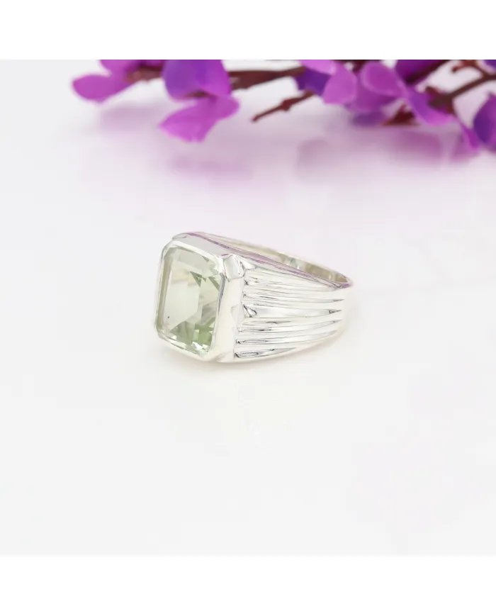 Green Amethyst Statement Ring - Sterling Silver Handmade Unisex Ring