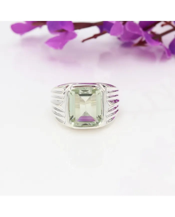 Green Amethyst Statement Ring - Sterling Silver Handmade Unisex Ring