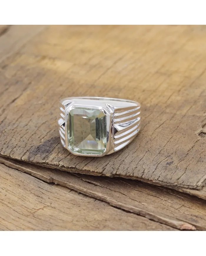 Green Amethyst Statement Ring - Sterling Silver Handmade Unisex Ring