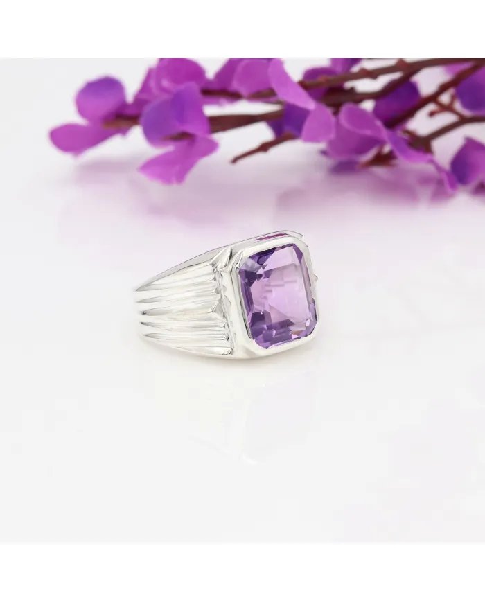 Natural Amethyst Statement Ring - Sterling Silver Handmade Unisex Ring