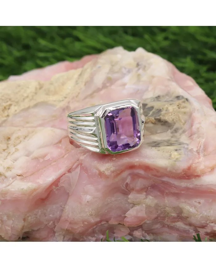 Natural Amethyst Statement Ring - Sterling Silver Handmade Unisex Ring