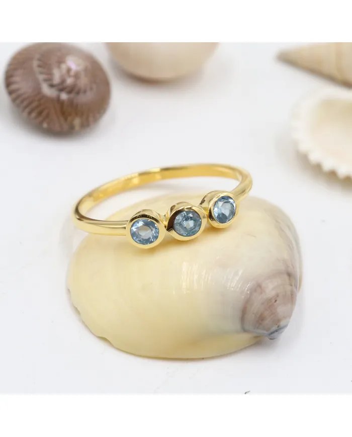 Swiss Blue Topaz Ring - Sterling Silver Gold Plated Half Eternity Band Ring Handmade Jewelry