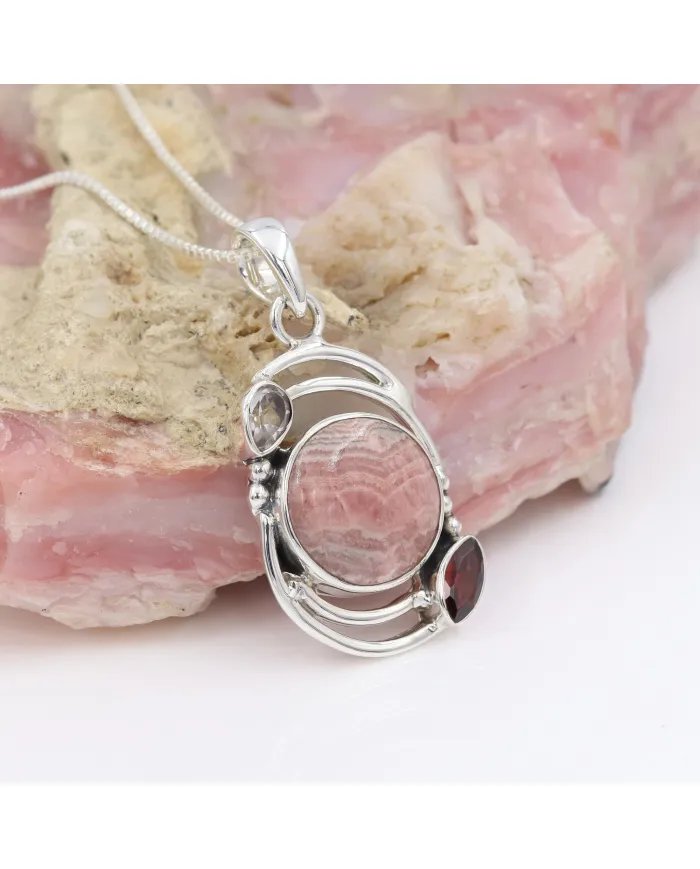 Natural Rhodochrosite Pendant – Sterling Silver Handmade Garnet Crystal Jewelry