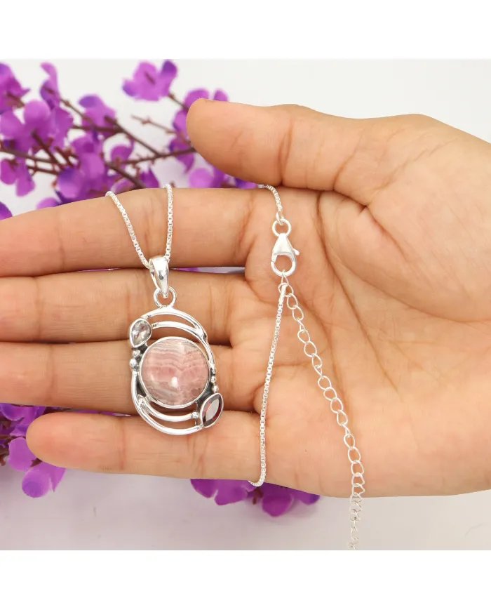 Natural Rhodochrosite Pendant – Sterling Silver Handmade Garnet Crystal Jewelry
