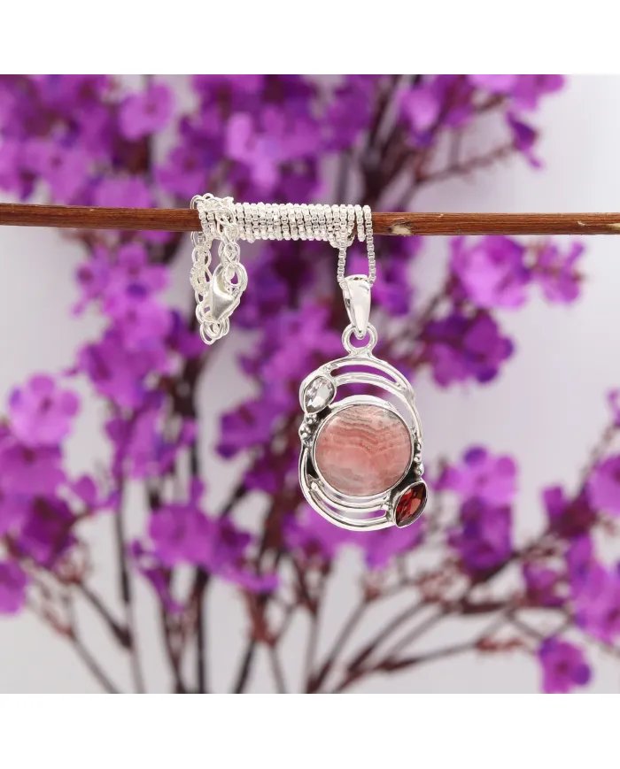 Natural Rhodochrosite Pendant – Sterling Silver Handmade Garnet Crystal Jewelry