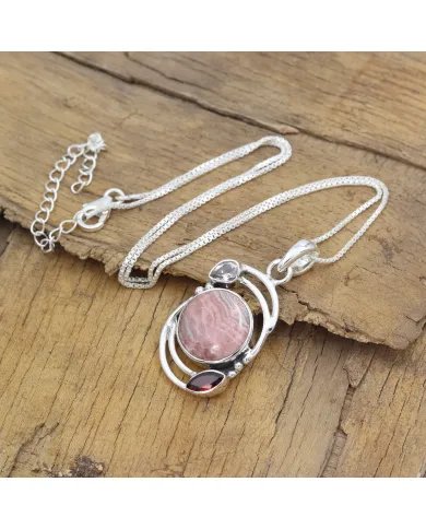 Natural Rhodochrosite Pendant – Sterling Silver Handmade Garnet Crystal Jewelry