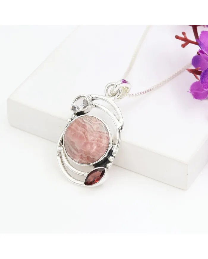 Natural Rhodochrosite Pendant – Sterling Silver Handmade Garnet Crystal Jewelry