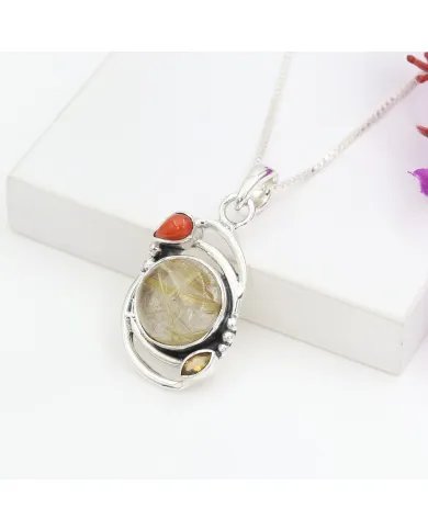 Natural Rutilated Quartz Pendant - Sterling Silver Handmade Coral Citrine Jewelry