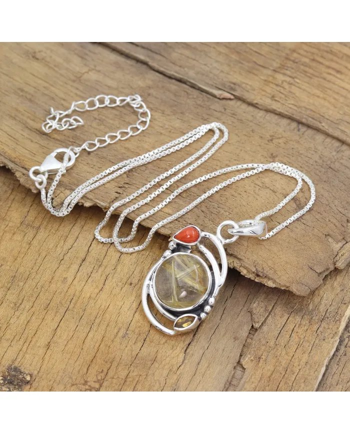 Natural Rutilated Quartz Pendant - Sterling Silver Handmade Coral Citrine Jewelry