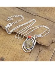Natural Rutilated Quartz Pendant - Sterling Silver Handmade Coral Citrine Jewelry