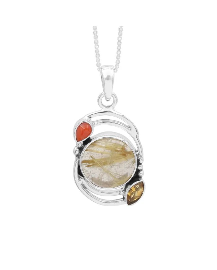 Natural Rutilated Quartz Pendant - Sterling Silver Handmade Coral Citrine Jewelry