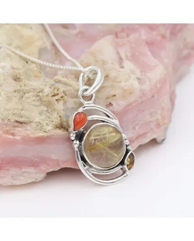 Natural Rutilated Quartz Pendant - Sterling Silver Handmade Coral Citrine Jewelry