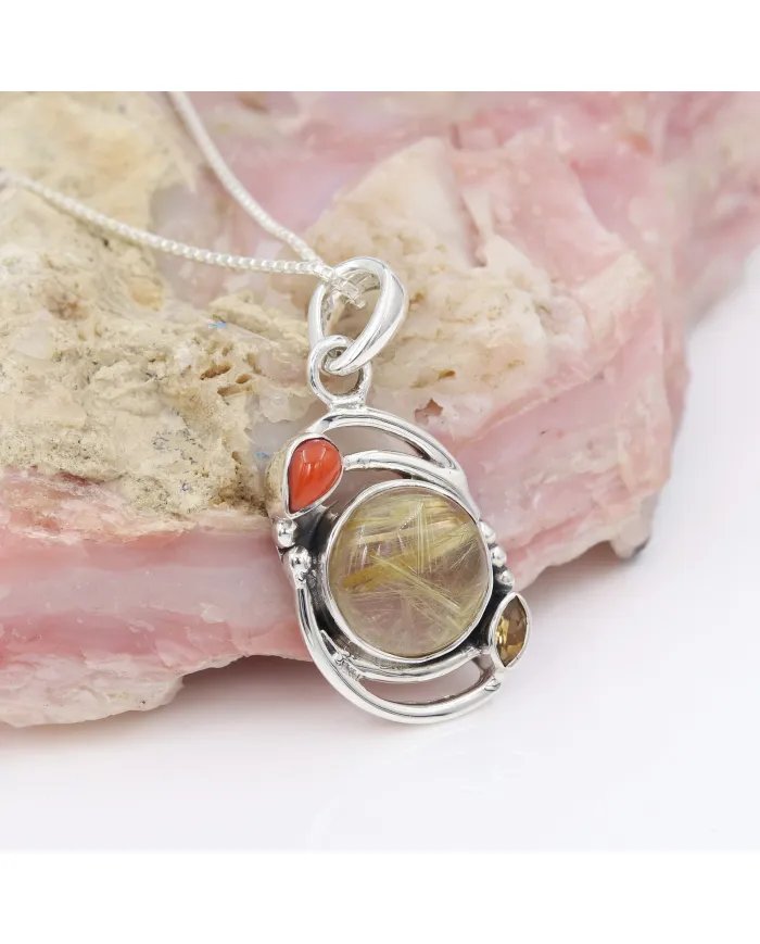 Natural Rutilated Quartz Pendant - Sterling Silver Handmade Coral Citrine Jewelry