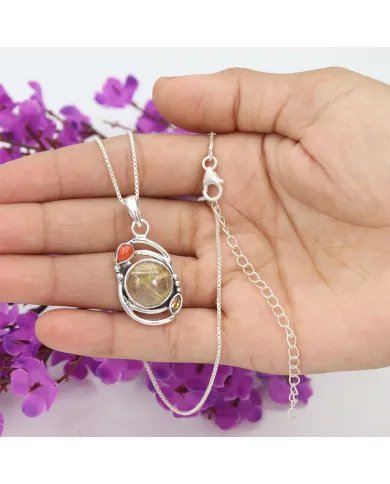 Natural Rutilated Quartz Pendant - Sterling Silver Handmade Coral Citrine Jewelry