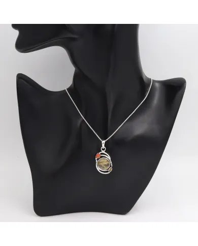 Natural Rutilated Quartz Pendant - Sterling Silver Handmade Coral Citrine Jewelry