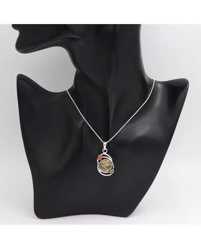 Natural Rutilated Quartz Pendant - Sterling Silver Handmade Coral Citrine Jewelry