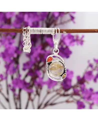 Natural Rutilated Quartz Pendant - Sterling Silver Handmade Coral Citrine Jewelry