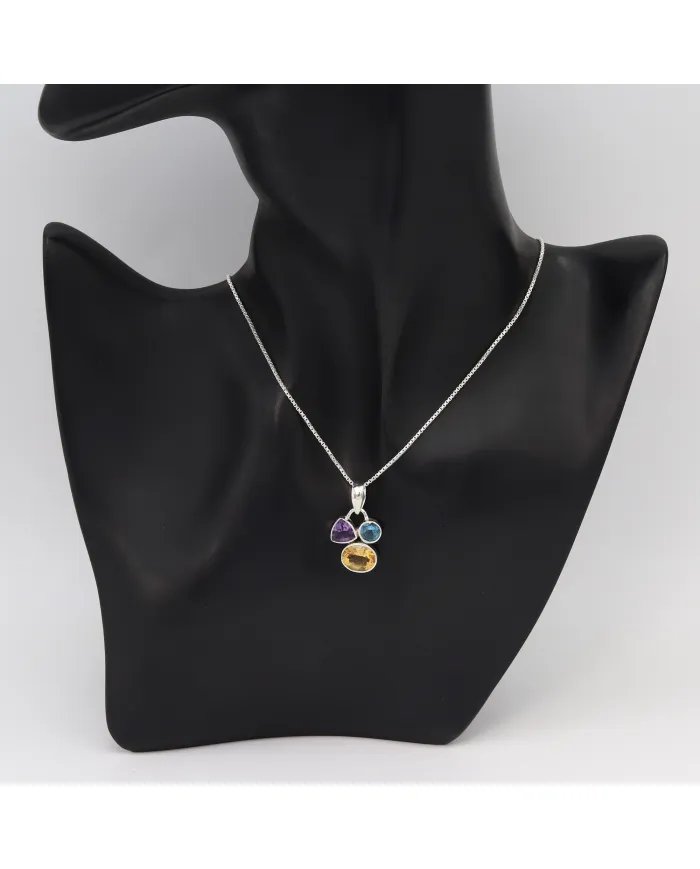 Citrine Pendant with Amethyst & Swiss Blue Topaz - 925 Silver Jewelry