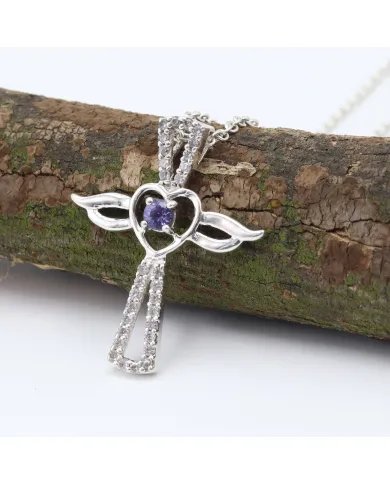 Tanzanite & Swarovski Crystal Angel Wings Cross Pendant – 925 Silver Jewelry