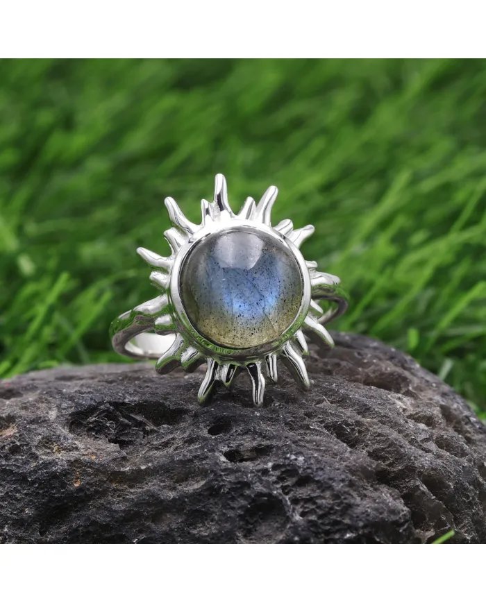 Natural Labradorite Gemstone Ring - Sterling Silver Handmade Sun Design Ring for Women