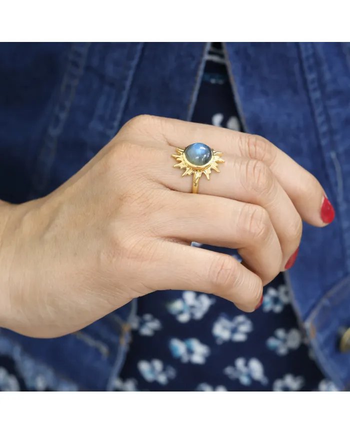 Natural Labradorite Sunburst Ring - Gold Plated 925 Silver Jewelry