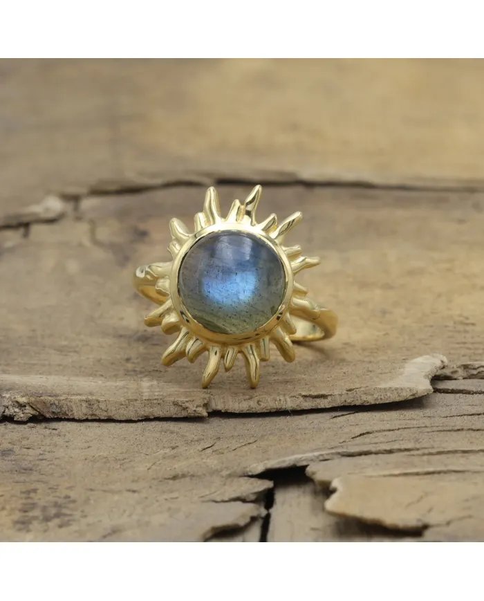 Natural Labradorite Sunburst Ring - Gold Plated 925 Silver Jewelry