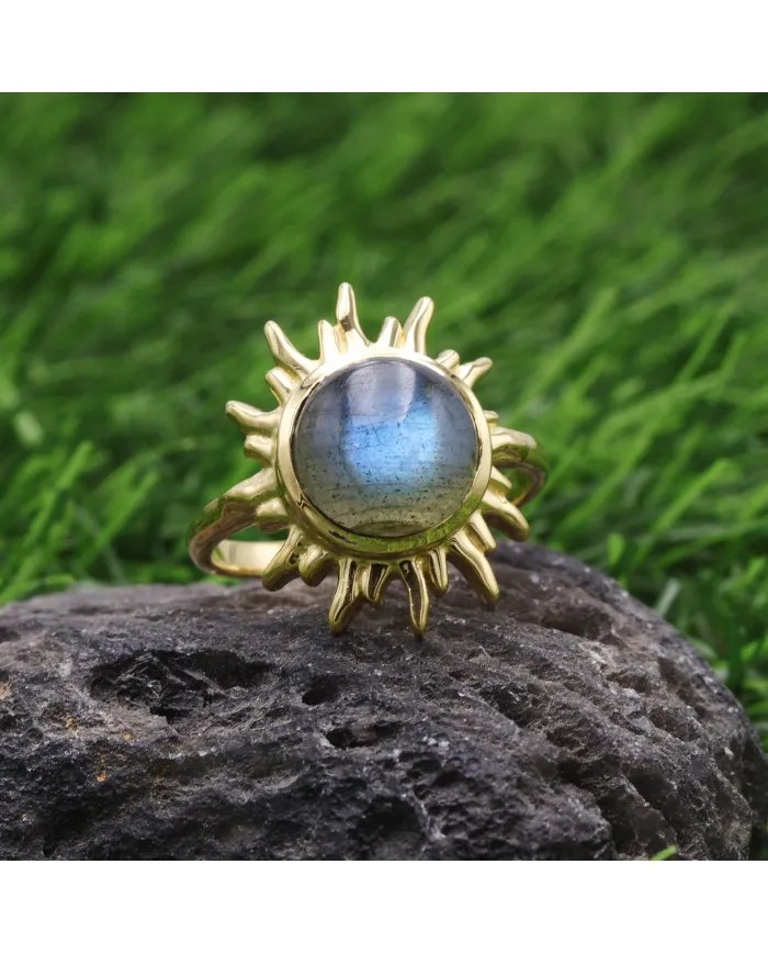 Natural Labradorite Sunburst Ring - Gold Plated 925 Silver Jewelry