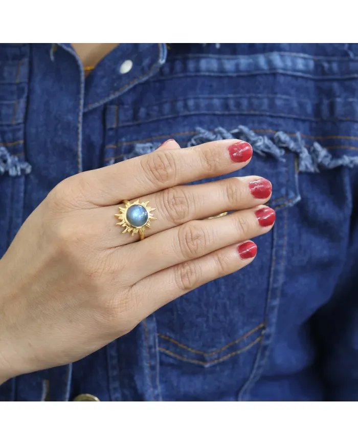 Natural Labradorite Sunburst Ring - Gold Plated 925 Silver Jewelry