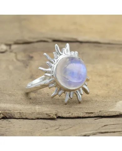 Rainbow Moonstone Ring - Sterling Silver Handmade Sun Design Ring for Women
