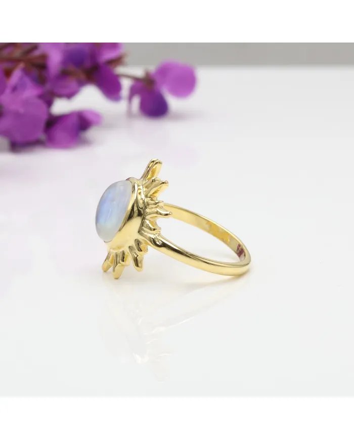 Rainbow Moonstone Ring - Sterling Silver Gold Plated  Handmade Sun Design Ring for Women