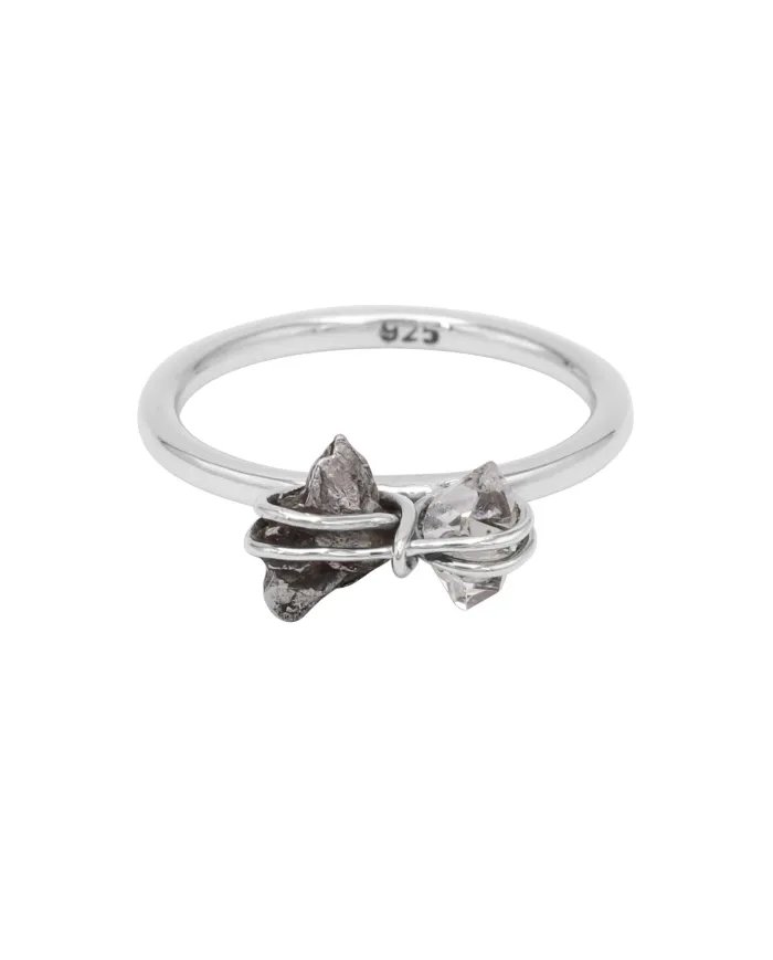 Natural Meteorite Ring with Herkimer Diamond - Sterling Silver Jewelry