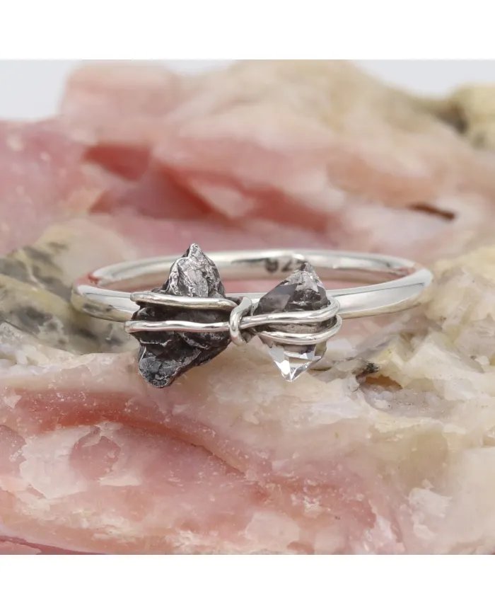 Natural Meteorite Ring with Herkimer Diamond - Sterling Silver Jewelry