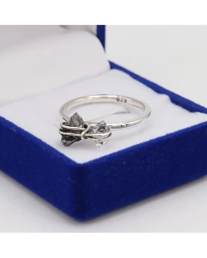 Natural Meteorite Ring with Herkimer Diamond - Sterling Silver Jewelry