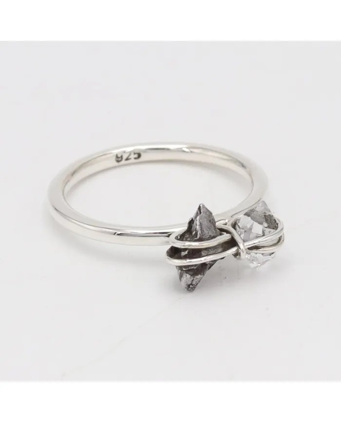 Natural Meteorite Ring with Herkimer Diamond - Sterling Silver Jewelry