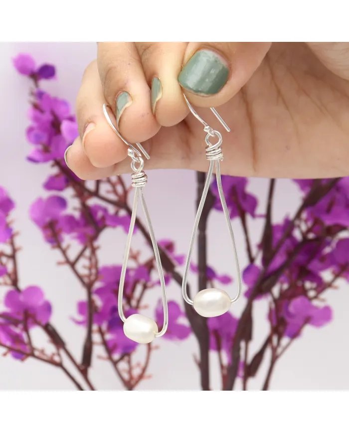 Natural Freshwater Pearl Earrings - Sterling Silver Dangle Earrings Handmade Jewelry for Women