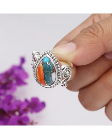 Orange Spiny Oyster Turquoise 925 Silver Pear Cabochon Boho Ring